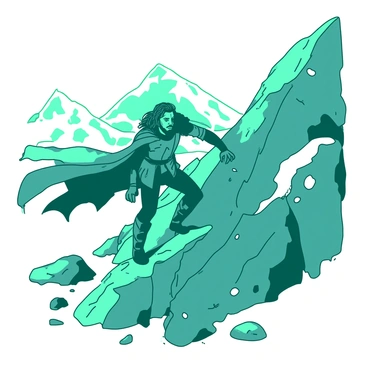 A teal figure resembling Aragorn is climbing a steep rocky mountain. He is dressed in rugged outdoor attire, with a cloak billowing behind him. The mountain is adorned with patches of white snow, and in the distance, towering snow-capped peaks rise majestically against the sky. The scene captures the determination on Aragorn's face as he ascends with focused energy, while scattered rocks and boulders add texture to the terrain around him.
