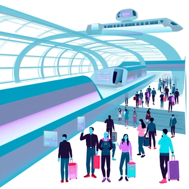A bustling transport hub filled with a variety of futuristic vehicles. Sleek hyperloop trains glide silently, their aerodynamic designs reflecting a metallic sheen. Flying taxis with rotors and compact, stylish bodies hover above, preparing for takeoff and landing. The scene is complemented by a diverse crowd of passengers, some with bright, high-tech luggage, eagerly moving through the terminal. Digital displays flash with information about arrivals and departures, while illuminated walkways guide people toward their destinations. The architecture of the hub features smooth, curved lines and large glass panels, creating an open and airy atmosphere.