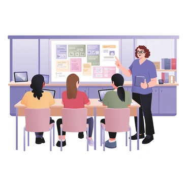A digital flat illustration depicting an illustration lecturer standing at the front of a modern classroom. The lecturer is a middle-aged woman with short, curly hair and glasses, wearing a blue blouse and black trousers. She is holding a tablet in one hand and pointing towards a large screen displaying colorful digital art techniques. In front of her, a diverse group of students is seated at their desks, each with a tablet in front of them. The students include a girl with long black hair and a yellow sweater, a boy with short brown hair and a red shirt, and another girl with curly hair and a green top. The classroom features large windows, bright lighting, and various art supplies on shelves in the background. The atmosphere is focused and engaged as students take notes and practice their art.