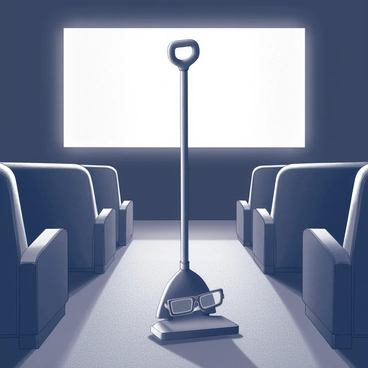 A mop sitting in a movie theater, wearing 3D glasses, enjoying a film