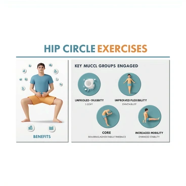 An infographic titled "Muscle Benefits of Hip Circle Exercises." The infographic includes various sections, each with bold headings. The first section features a strong, illustrated figure demonstrating the hip circle exercise, emphasizing the movement and posture. The second section lists key muscle groups engaged, including "Glutes," "Hip Flexors," and "Core," each accompanied by icons representing these muscles. The third section highlights benefits, such as "Improved Flexibility," "Increased Mobility," and "Enhanced Stability," with corresponding visuals for each benefit. The color scheme is vibrant, using a mix of blues, greens, and oranges for clarity and emphasis. The overall layout is clean, with icons and text well-organized for easy reading.