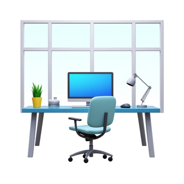 A sleek, modern 3D home office featuring a glass desk with clean lines. The desk is equipped with a computer setup that includes a large monitor, a compact keyboard, and a sleek mouse. The decor is minimalistic, consisting of a few decorative items like a small plant and a stylish lamp on the desk. The room has a light color palette, enhancing the airy atmosphere, with a comfortable ergonomic chair placed in front of the desk. Large windows let in natural light, adding to the modern aesthetic.