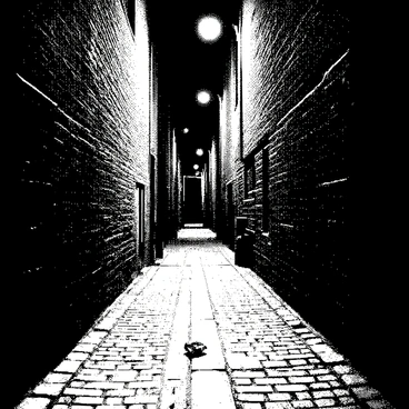 A narrow alleyway stretches into the distance, flanked by tall brick walls. Flickering streetlights cast intermittent pools of light on the cobblestone ground. Shadows dance across the alley, creating an atmosphere of intrigue and uncertainty. The walls show signs of age with cracks and graffiti, adding to the mysterious vibe of the scene. A single discarded piece of paper flutters in the breeze, hinting at the presence of unseen movement.