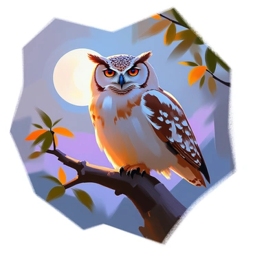 A majestic owl perched on a tree branch at dusk, with a full moon in the background