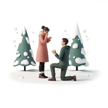 A snowy landscape, with soft white snow covering the ground and gently falling flakes in the air. In the center, a couple is standing close together, surrounded by tall evergreen trees dusted with snow. The man, wearing a dark green jacket, dark jeans, and brown boots, is down on one knee, holding an open ring box. The woman, dressed in a cozy red coat, black leggings, and knee-high boots, has her hands over her mouth in surprise. They are looking into each other's eyes, with expressions of joy and love on their faces. The scene is tranquil, with the snow creating a soft, serene atmosphere around them.
