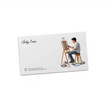 A business card with a crisp white background. On one side, there is a detailed pencil sketch of an artist at work, showcasing the artist seated at a wooden easel, intently painting on a canvas. The artist has short dark hair and is wearing a plain t-shirt and jeans. Surrounding the artist are art supplies like paint tubes, brushes, and a palette with vibrant colors. The artist's focused expression and the tools around them convey a sense of creativity and dedication. The card includes space for the artist's name and contact information in an elegant font.
