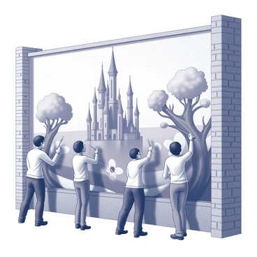 A group of artists working together on a large mural. Each artist is holding a paintbrush, carefully adding details to the mural. The mural depicts a fantastical scene featuring a majestic castle with tall, spired towers, surrounded by whimsical trees with unusual shapes. Mythical creatures, such as a dragon and fairies, are integrated into the scene, adding an imaginative touch. The artists are positioned at different points along the mural, showcasing a variety of styles in their work. The setting is an urban environment with brick walls and scaffolding surrounding the mural.