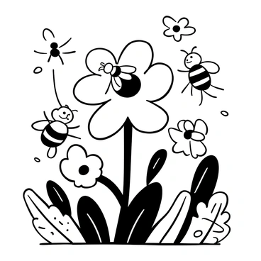 A group of bumblebees gathered on a flower, each bee in various stages of the "waggle dance." One bee is positioned in the center, showcasing its movements, while others are observing nearby. The flower petals are detailed with texture, and there are lines indicating the path of movement from the dancing bee. Surrounding the scene is a garden environment filled with leaves and additional flowers, enhancing the setting. The overall composition emphasizes the busy activity of the bees in a balanced arrangement.