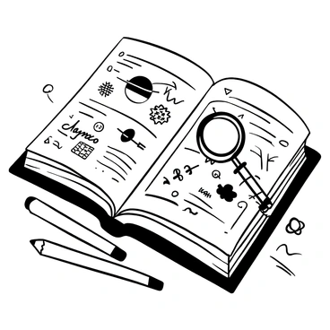 An open book lies on a wooden table, its pages turning slightly as if caught in a gentle breeze. The pages are filled with detailed black-and-white illustrations of various scientific discoveries, including diagrams of the solar system, anatomical sketches of plants and animals, and intricate formulas. Handwritten notes in the margins highlight important points and observations. A few scattered pencils and a magnifying glass rest beside the book, adding to the scholarly atmosphere.