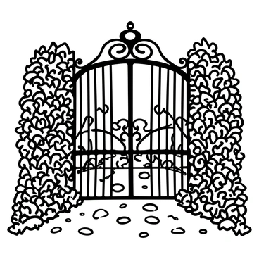 A wrought iron gate stands prominently, intricately designed with swirls and patterns. It is enveloped by thick ivy, which climbs up and around the gate in dense clusters. The ground surrounding the gate is covered with small stones, forming a path that hints at the entrance to a hidden space. Beyond the gate, a glimpse of lush foliage is visible, suggesting the presence of a secret garden. The light filtering through the leaves casts shadows on the ground, enhancing the mystery of the scene.