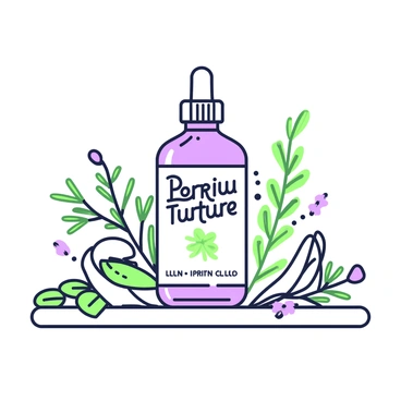 An illustrated tincture bottle is positioned centrally on a wooden surface. The bottle features a detailed label, prominently displaying the text in a botanical font. Surrounding the bottle, there is an arrangement of various herbs, including sprigs of rosemary and thyme, with delicate leaves and small flowers. A few scattered leaves lie on the surface next to the bottle. The overall composition conveys a sense of natural ingredients and herbal remedies.