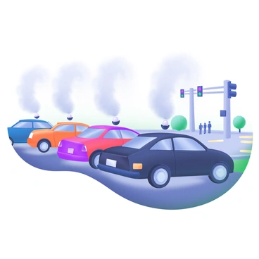 A row of cars idling in traffic on a busy street. Each car is releasing visible exhaust fumes that rise into the air, creating a hazy effect. The cars are various colors, including red, blue, and black, parked close together. In the background, there are traffic lights and some pedestrians waiting at a crosswalk. The sky above is a muted shade of gray, hinting at a cloudy day.