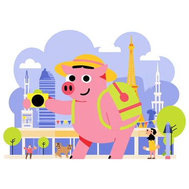 A cartoon-style illustration of a cheerful pink pig wearing a yellow straw hat and a colorful backpack. The pig is holding a camera, capturing images of famous landmarks. In the background, there are tall, distinctive buildings representing a vibrant city, such as an Eiffel Tower-like structure and a stylized statue. The street is lined with green trees and colorful banners, and a few other cartoon animals can be seen enjoying the city life. The sky is a bright blue with fluffy white clouds.