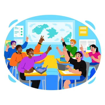 A group of diverse students in a bright classroom is enthusiastically using colorful foam fingers to point at a large world map mounted on the wall. Each student is engaged, showing excitement as they interact with the map. The classroom is filled with educational posters and has desks arranged in a semi-circle. The foam fingers are in various colors, including red, blue, and yellow. Sunlight streams through the windows, illuminating the scene and creating a lively atmosphere.