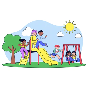 A playground filled with colorful equipment under a bright sun. Children are playing on a yellow slide, with one child climbing up the ladder, while another slides down. Nearby, a group of children is playing on a red swing set, swinging back and forth with smiles on their faces. There are green grass and a few trees providing shade around the playground. In the background, a blue sky with a few fluffy white clouds can be seen.