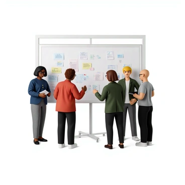 A diverse team of professionals stands around a large whiteboard in a modern office setting. There are four individuals: a woman with long black hair wearing glasses and a blue blouse, a man with curly brown hair and a red shirt, a woman with short blonde hair wearing a green blazer, and a man with a shaved head in a grey t-shirt. They are actively engaged in discussion, with some taking notes on notepads. The whiteboard is filled with colorful markers showcasing various ideas and diagrams. A large window in the background allows natural light to fill the space, contributing to a productive atmosphere.