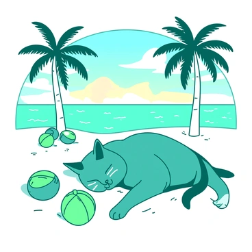 A teal cat is lounging on a sandy beach of a tropical island, surrounded by tall white palm trees swaying gently in the breeze. Nearby, there are several green coconuts scattered across the sand. The cat is stretched out comfortably, with its eyes closed and a relaxed expression on its face. In the background, the ocean is visible with gentle waves lapping at the shore, and the sky is painted with soft hues of sunset. The scene evokes a tranquil atmosphere, with the cat enjoying its peaceful surroundings.