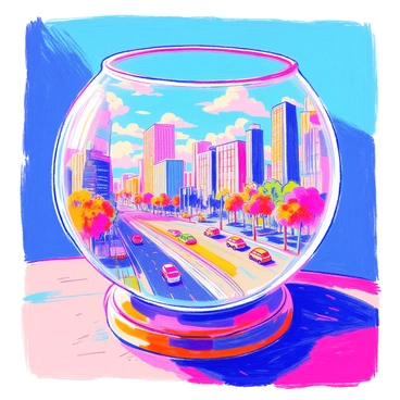 A cityscape is viewed through a fishbowl, creating a distorted and warped effect of the scene. The fishbowl sits on a wooden table, reflecting light. Tall buildings with glass facades, bustling roads with cars, and trees dotting the streets are visible in the background. The sky is a vibrant blue with fluffy white clouds. The city's colors are exaggerated and blended due to the fishbowl's curvature, creating an unusual visual experience.
