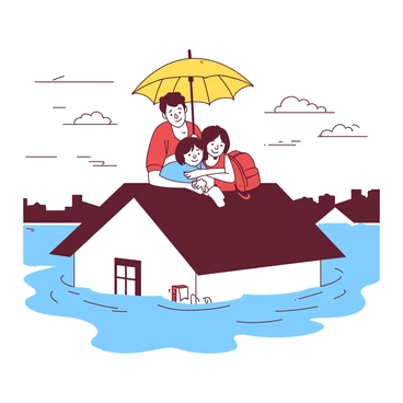 A family taking shelter on the rooftop of their house surrounded by floodwaters