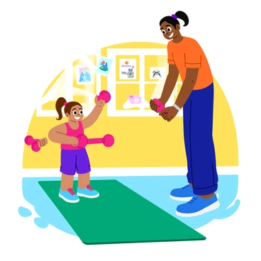 A small child with bright eyes is playfully imitating lateral raises, holding tiny pink dumbbells in each hand. The child stands on a soft green exercise mat, facing a parent who is also performing the exercise beside them. The parent is encouraging, smiling down at the child. Sunlight streams in through a nearby window, illuminating the room, which is decorated with playful posters of animals and colorful artwork. The atmosphere is lively and energetic, emphasizing the joyful interaction between the child and parent.