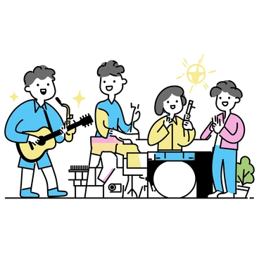 A lively band performing music outdoors, showcasing a joyful, round musician playing a guitar. The musician is wearing a bright blue shirt and denim shorts, with a wide smile. Surrounding him are three other band members, one playing a saxophone, another on drums, and a keyboard player. They are positioned on a small wooden stage, with a vibrant audience in the foreground clapping and dancing. Bright sunlight illuminates the scene, and green trees are visible in the background.