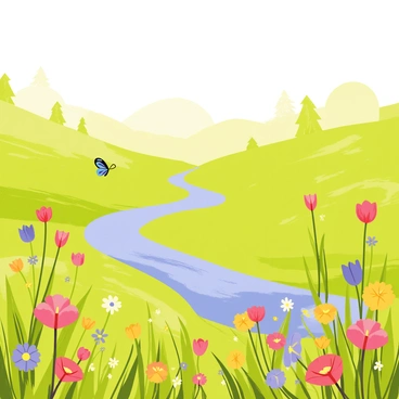 A vibrant meadow filled with an array of colorful wildflowers in shades of purple, yellow, and red. Light fog rolls gently across the grass, partially obscuring the distant trees at the edge of the meadow. The sun casts a warm glow, creating soft highlights on the dew-covered grass. A small brook winds through the meadow, reflecting the colors of the flowers and the soft light of the day. In the foreground, a butterfly flits from flower to flower, adding liveliness to the serene scene.