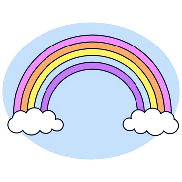 A vibrant rainbow arching across a clear blue sky. Each color of the rainbow is represented by strands of colorful cytoplasm, flowing smoothly and seamlessly into one another. The strands have a glossy appearance, reflecting light as they stretch from one side of the horizon to the other. Below the rainbow, fluffy white clouds are scattered throughout the sky, contrasting with the bright colors of the cytoplasm.