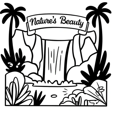 A large cascading waterfall flowing down rocky cliffs, surrounded by dense foliage and various tropical plants. The water splashes into a clear pool below, sending up small droplets. Ferns and other greenery fill the foreground, while tall trees create a natural frame around the scene. "Nature's Beauty" is elegantly inscribed in a banner above the waterfall, creating a focal point within the composition.
