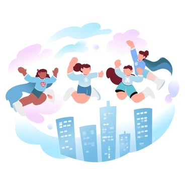 A group of children in various superhero costumes is soaring above a vibrant cityscape. Each child is wearing a unique outfit with different colors and patterns, complete with capes that are fluttering behind them in the wind. The city below is filled with tall buildings, some with colorful signage and windows reflecting the sunlight. The sky is a gradient of pastel colors, creating a dreamy atmosphere as the children joyfully glide through the air.