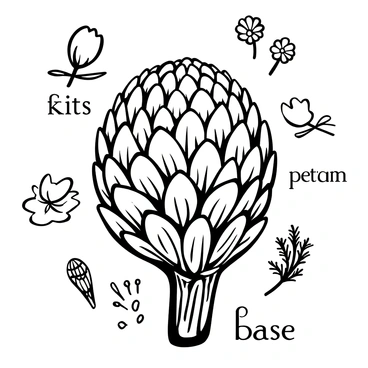 A detailed black-and-white illustration of an artichoke, showing its round, spiky shape and layered leaves. The artichoke is set against a plain background, allowing for clear visibility of its structure. Surrounding the artichoke are scientific annotations in elegant typography, labeling various parts such as "petals," "stem," and "base." Additional botanical details, including a few smaller sketches of the artichoke plant's leaves and flowers, are placed around the main illustration, enhancing the educational aspect of the poster.