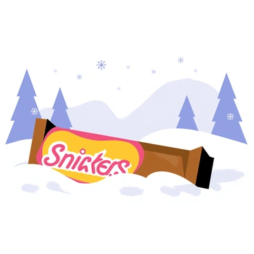 A Snickers bar sitting in the snow with a snowy landscape around it.
