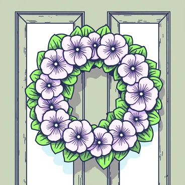 A wreath made entirely of moonflowers is hanging on a rustic wooden door. The moonflowers are fully bloomed and showcase their delicate petals arranged in a circular formation. Each flower has a soft, inviting appearance, contributing to the overall fullness of the wreath. The door has a weathered texture, with visible wood grains and a muted finish, enhancing the rustic charm. Soft natural light filters through, casting gentle shadows around the wreath, highlighting its intricate details and the door's craftsmanship.