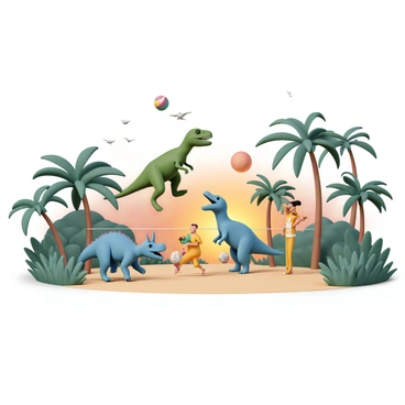 A group of three dinosaurs engaged in a game of volleyball in a lush prehistoric environment. The first dinosaur, a bright green T-rex, is jumping high into the air to spike the ball, revealing its tiny arms. The second dinosaur, a blue triceratops, is positioned at the net, looking determined as it prepares to defend against the spike. The third dinosaur, a yellow velociraptor, is running towards the net, ready to set the ball. In the background, ferns and tall palm trees surround the scene, while a colorful sunset casts warm light over the playful atmosphere. The volleyball is bright and multicolored, contrasting against the earthy tones of the landscape. A few pterodactyls can be seen soaring in the sky, adding life to the setting.