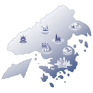 An illustrated map featuring the landscape of Hong Kong. The map includes distinct areas and landmarks of the city, clearly labeled, with various icons depicting annual festivals. Each icon is designed to represent a specific event, such as a lion dance, a dragon boat, and lanterns. The icons are placed at significant locations where the festivals occur, creating a visually engaging representation of the city's cultural celebrations. The overall layout is organized to provide clarity and ease of navigation through the depicted events across the city.