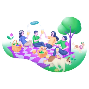 A vibrant scene of a picnic with a diverse group of friends sitting on a large checkered blanket. They are laughing and playing games, surrounded by picnic baskets filled with colorful fruits and snacks. One friend is tossing a frisbee across the blanket, while another is pouring lemonade into cups. There are a few small trees providing shade in the background, and a playful dog is running around, adding to the lively atmosphere. Bright flowers are scattered around the picnic area, enhancing the cheerful setting.