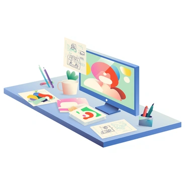 A cluttered desk with sketches, a computer, and a digital illustration being created