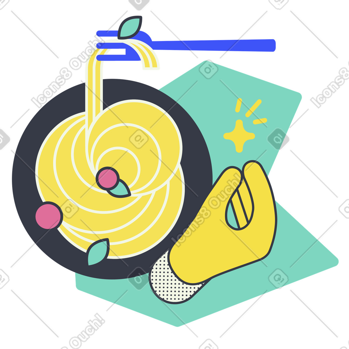 Italian Cuisine. Spaghetti and bellissimo hand sign illustration in Abstract style download in PNG, SVG