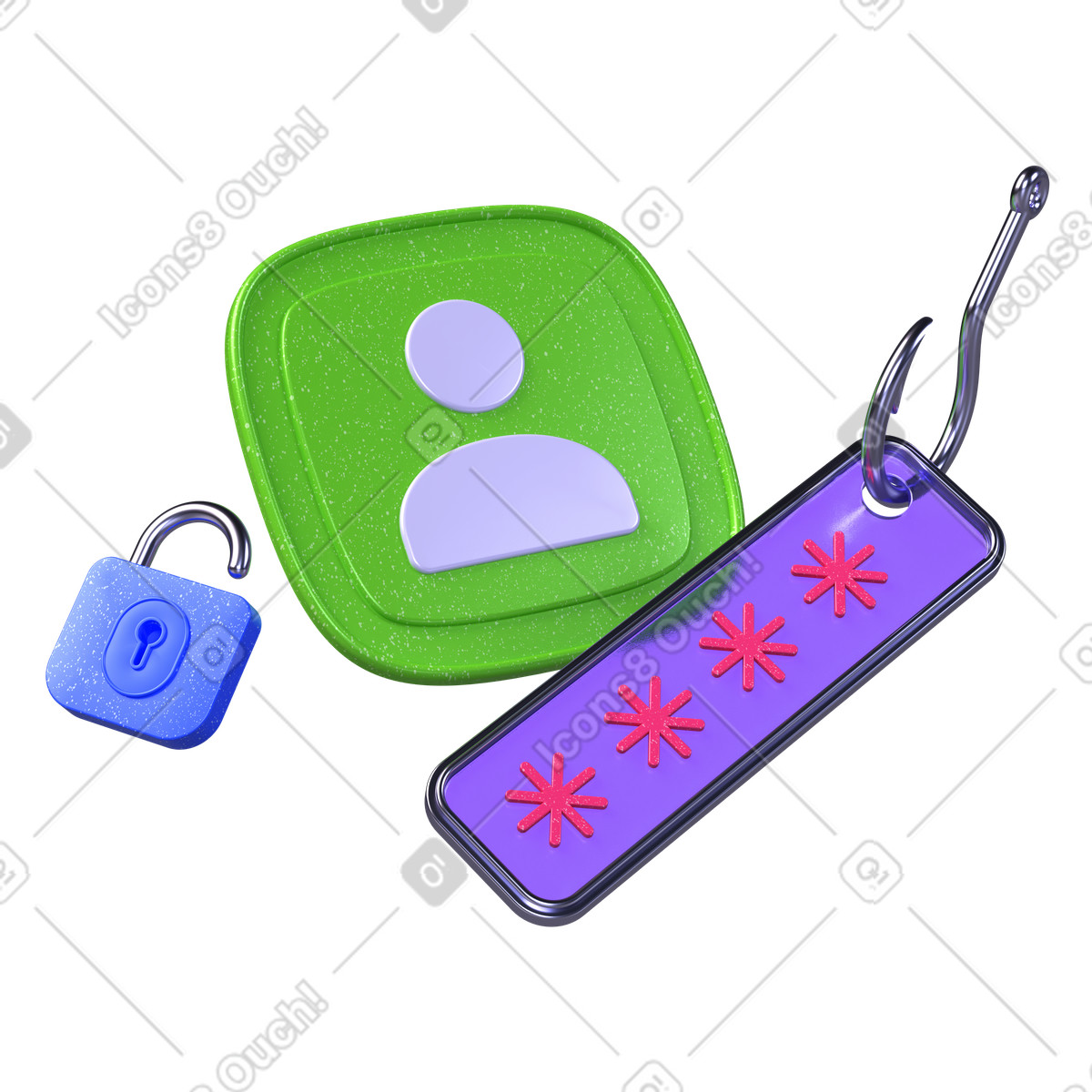 Gancio di phishing, password e icona utente illustrazione in stile 3D Boost scarica in PNG, SVG