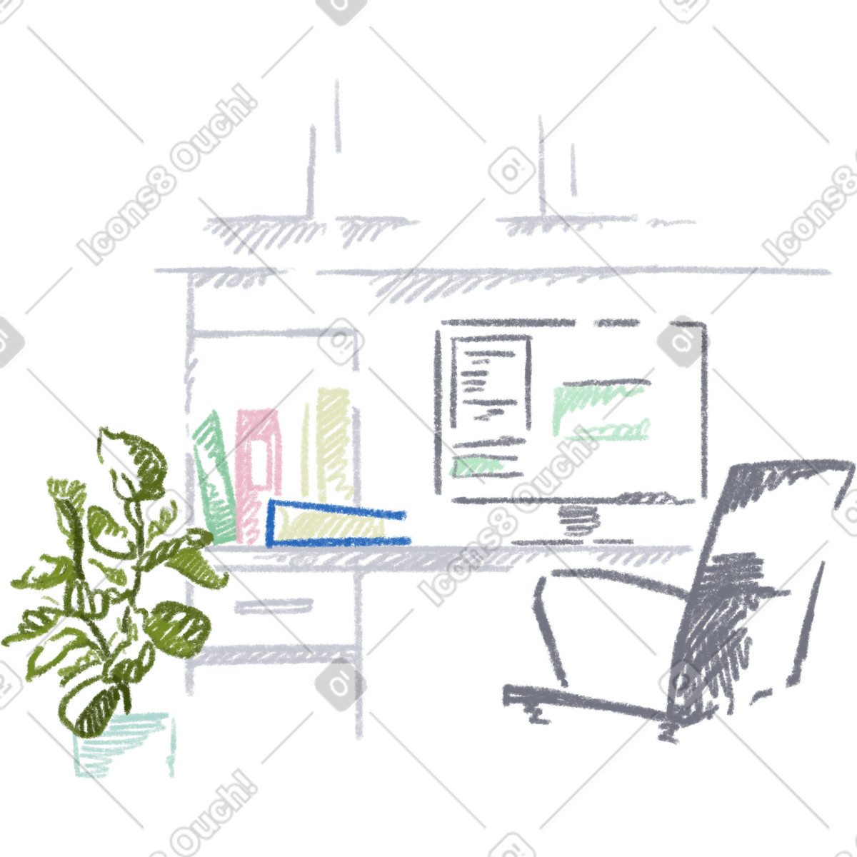 Ilustración Office space en estilo Sketchbook a descargar en PNG y SVG