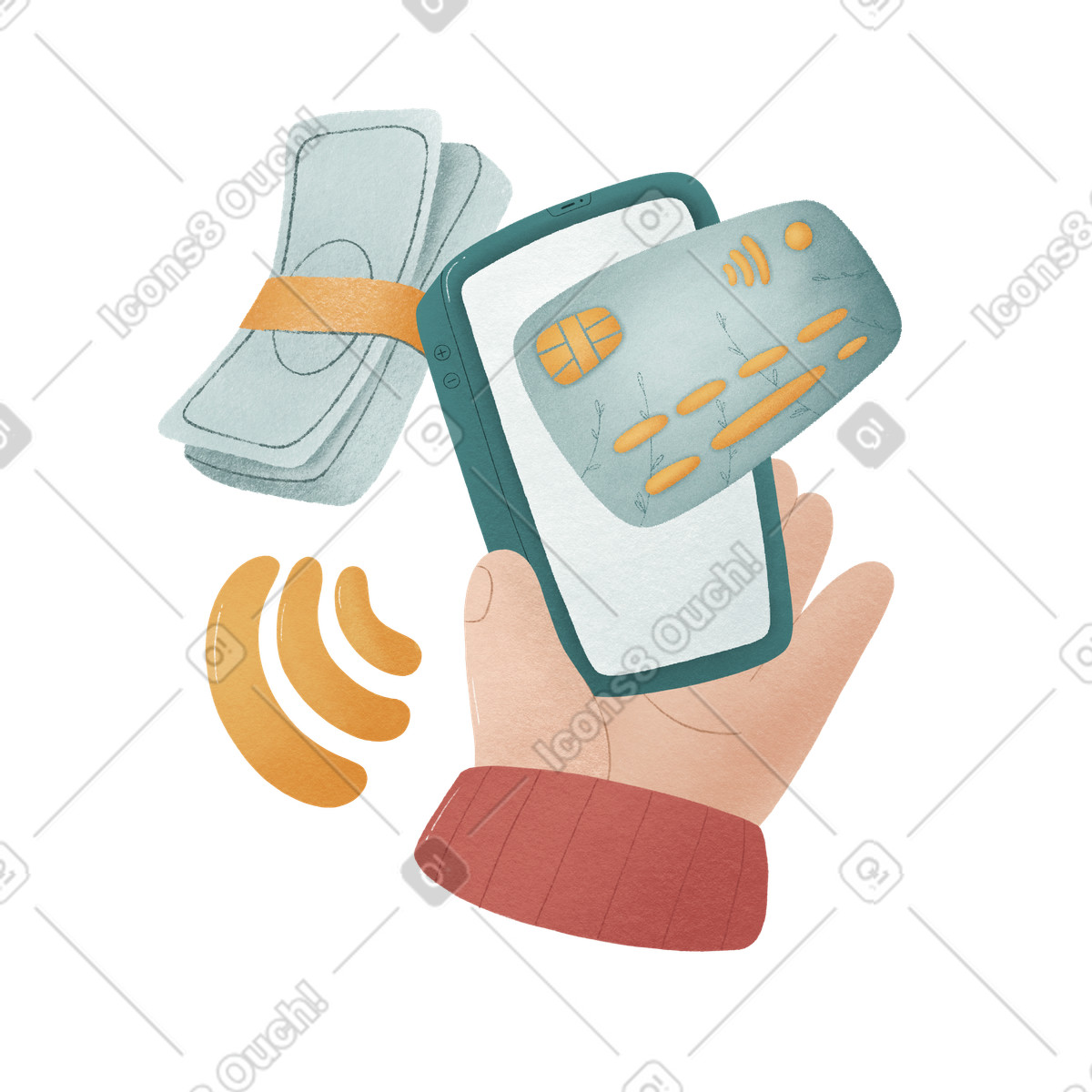 Hand, die telefon hält und per paypass bezahlt-Illustration im Woolly-Stil als Download in PNG, SVG