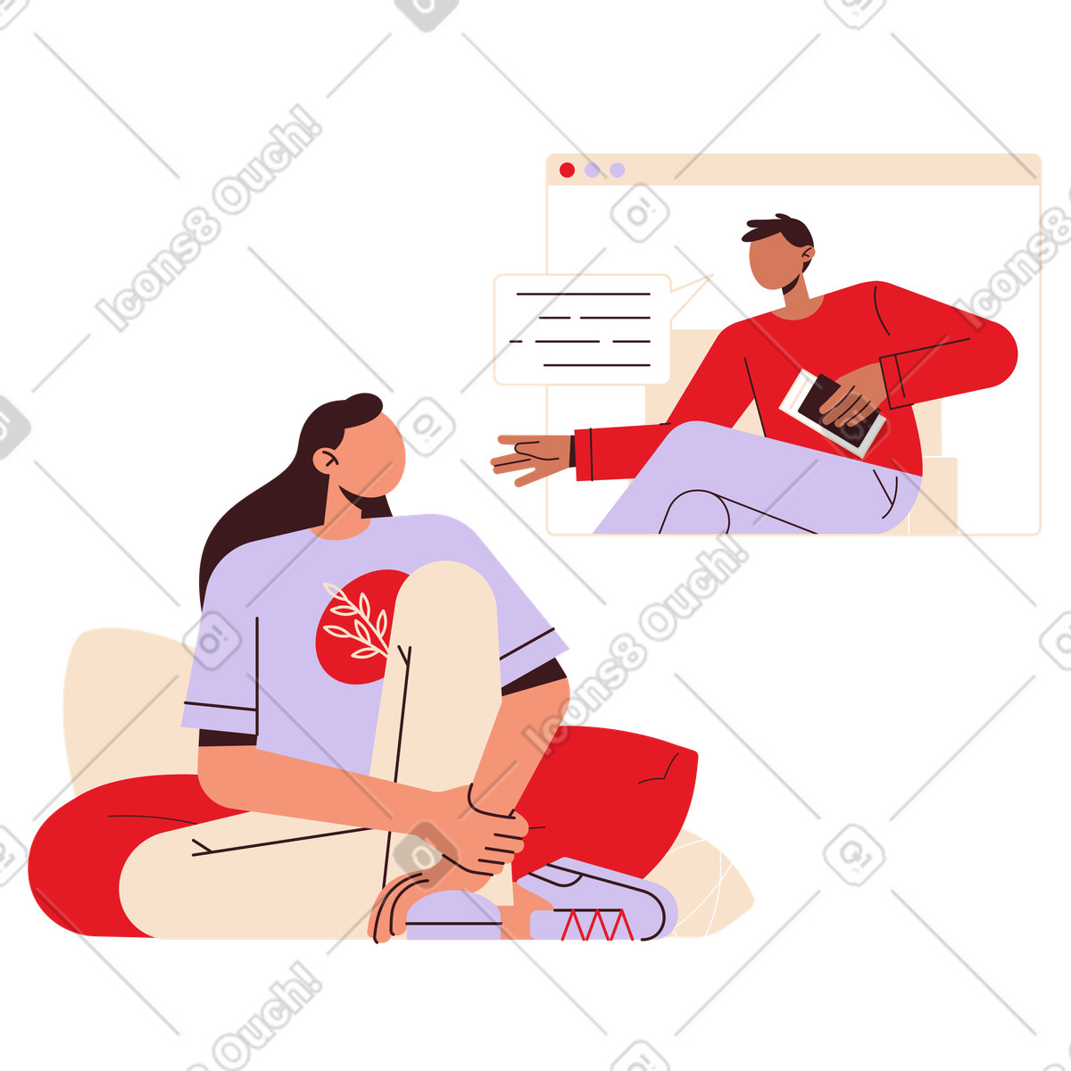 Ilustración Video call with psychologist, Online therapy session or telemedicine consultation en estilo Folks a descargar en PNG y SVG