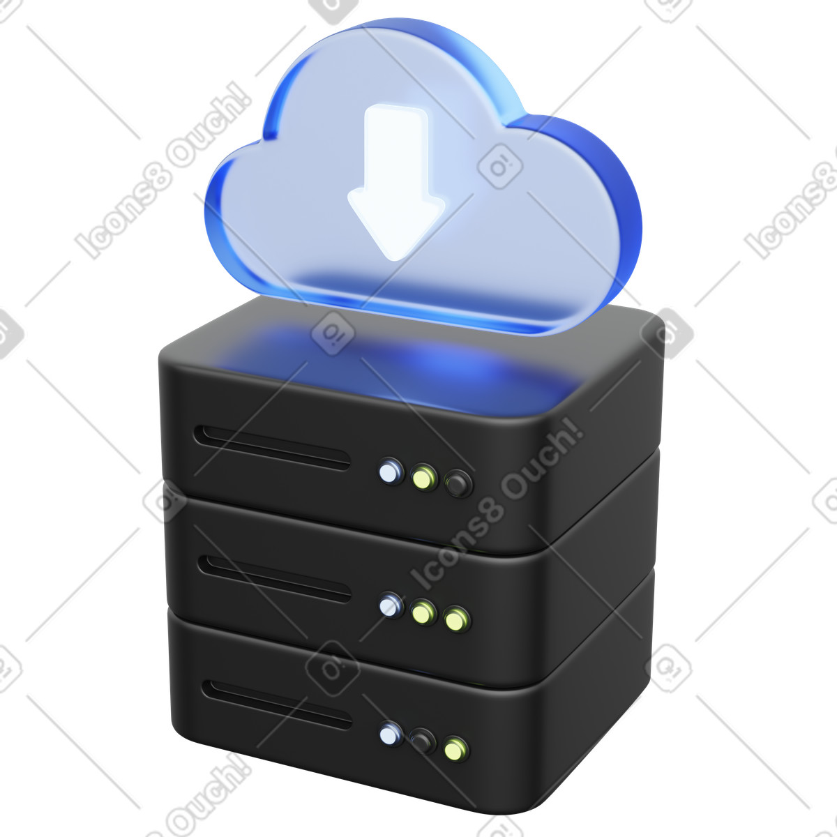 Server stack with cloud download arrow representing online data storage backup illustrazione in stile 3D Playful scarica in PNG, SVG
