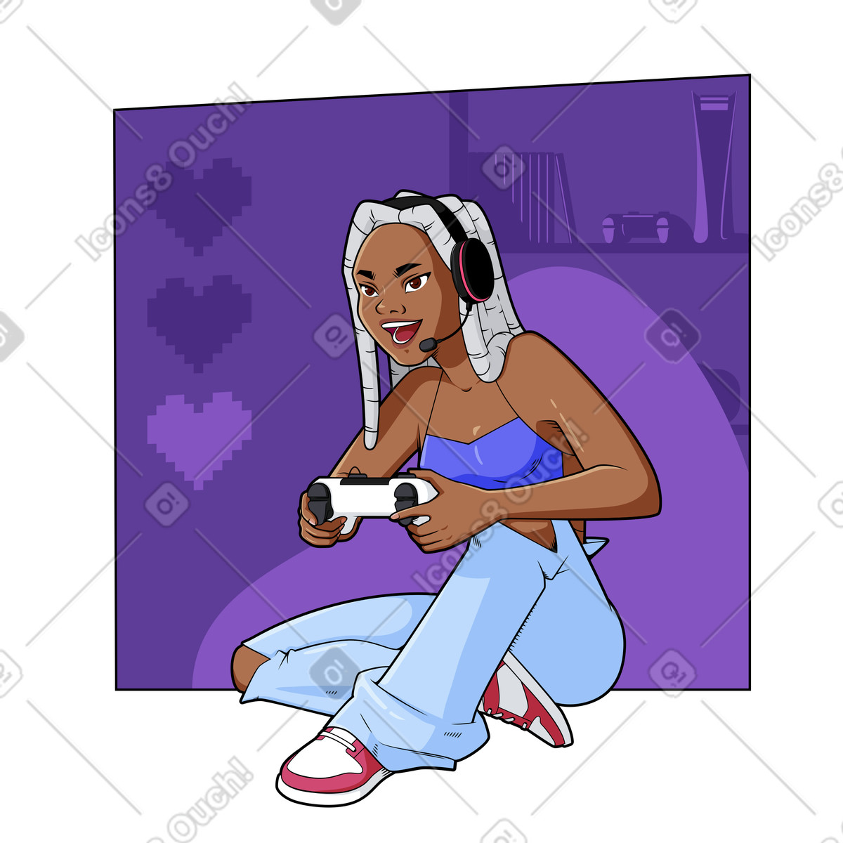 下载 Experimental 风格的 坐在豆袋椅上玩电子游戏的女孩 插画，支持 PNG、SVG 格式