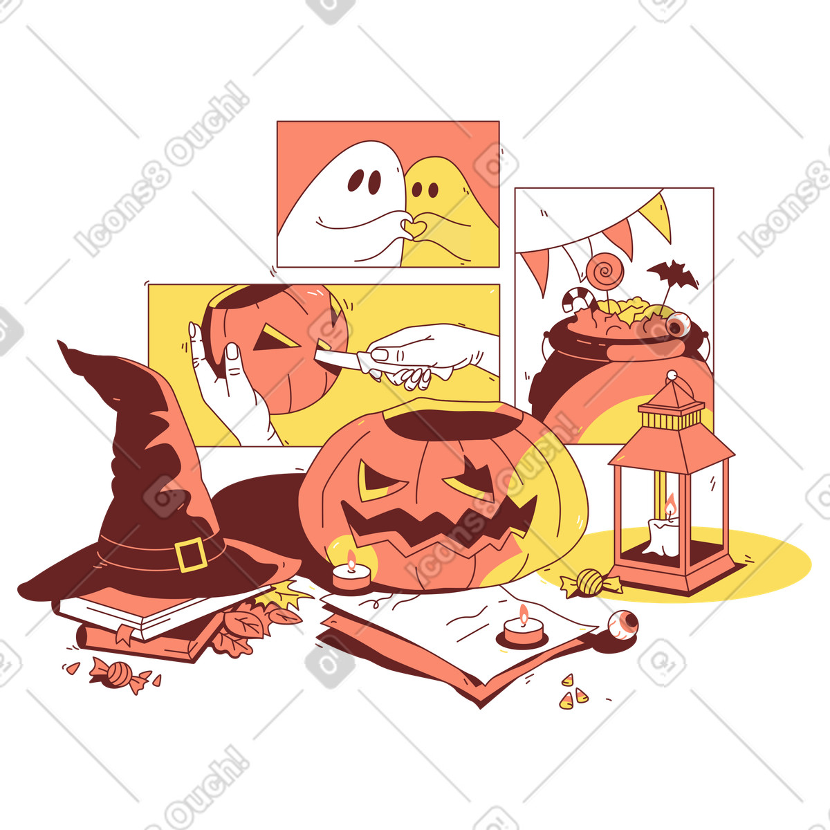 Ilustración Calabazas de halloween y cosas brujas. en estilo Storyline a descargar en PNG SVG