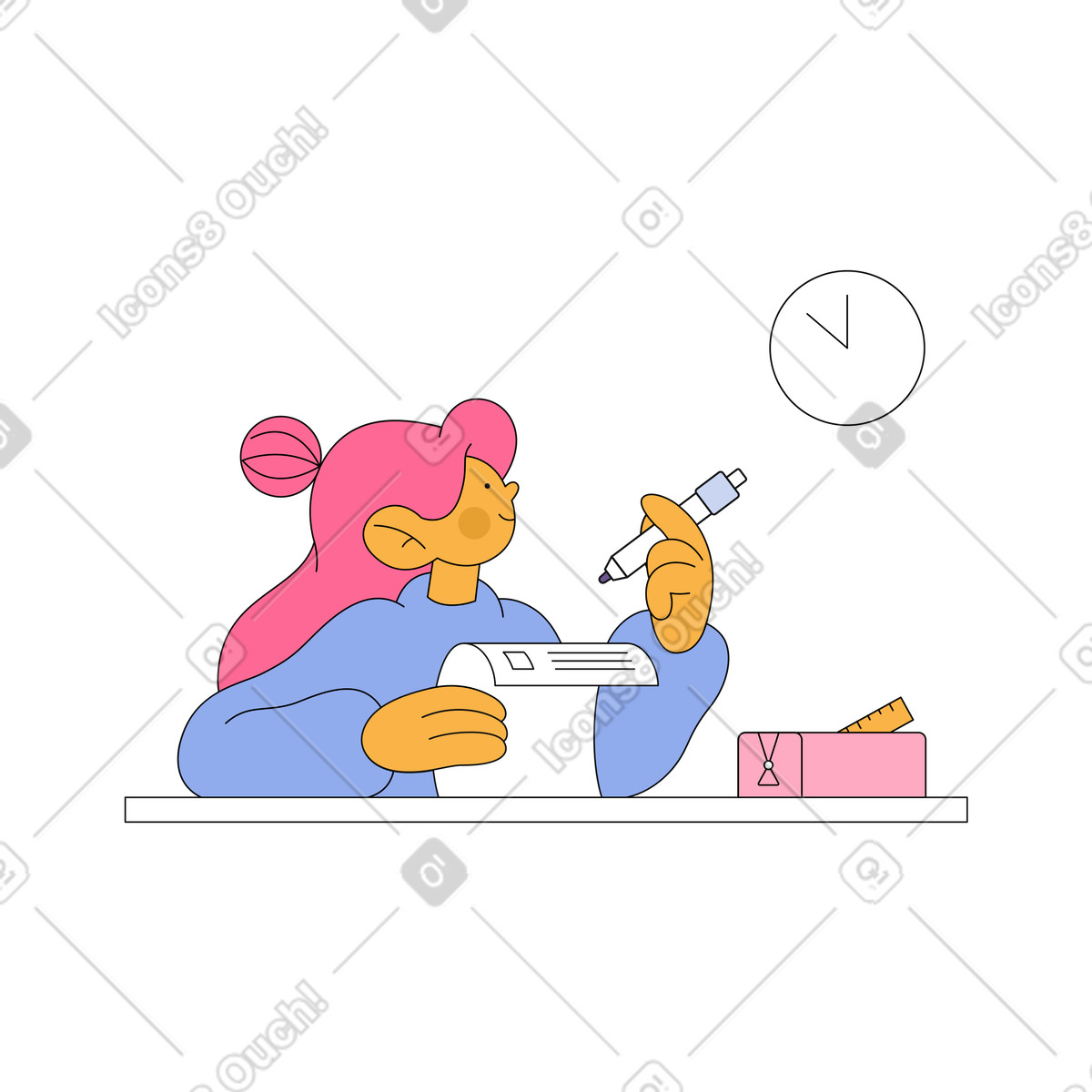 Girl taking test and looking at clock illustration in Bloom style download in PNG, SVG