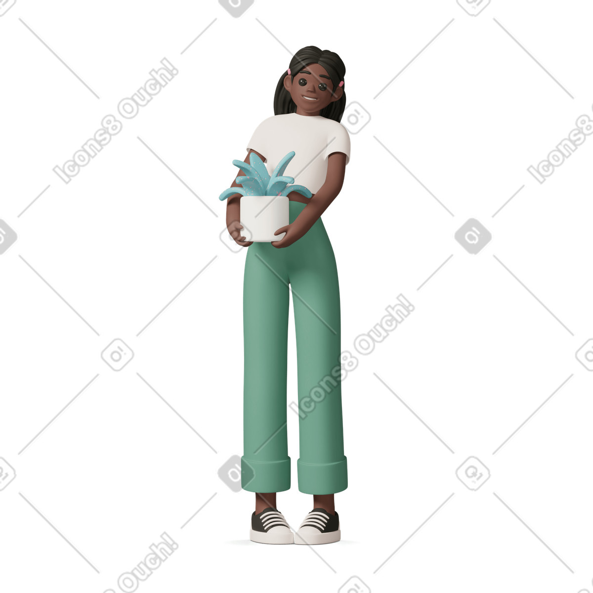 Black girl smiling and holding plant in white pot illustration 3D Casual life style download PNG, SVG