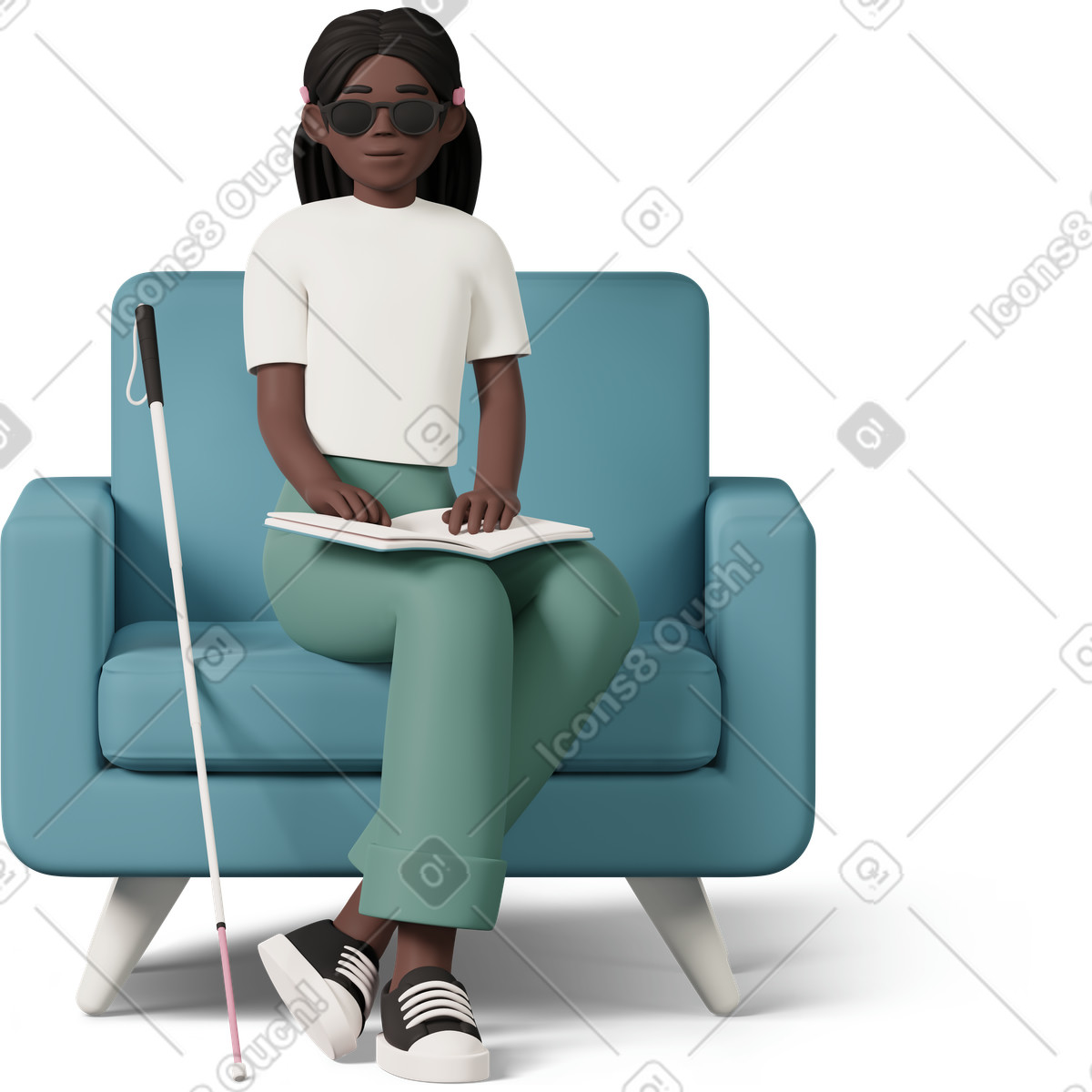 Illustration Fille aveugle assise sur un canapé et lisant livre dans le style 3D Casual life à télécharger aux formats PNG, SVG