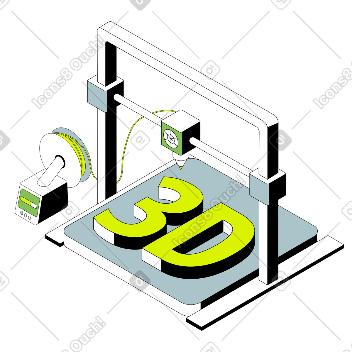 Illustration Isometric 3D printer creating letters, Additive manufacturing process dans le style à télécharger aux formats PNG, SVG