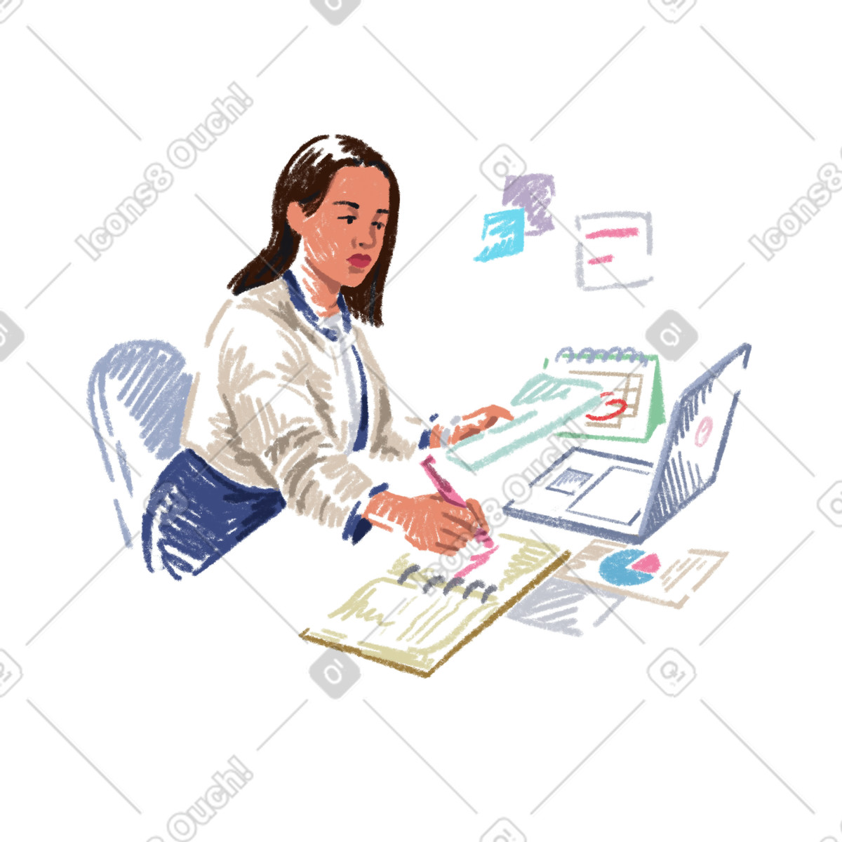 Junge frau plant ihren arbeitstag animierte Illustration im Sketchbook-Stil als Download in GIF, Lottie (JSON), AE