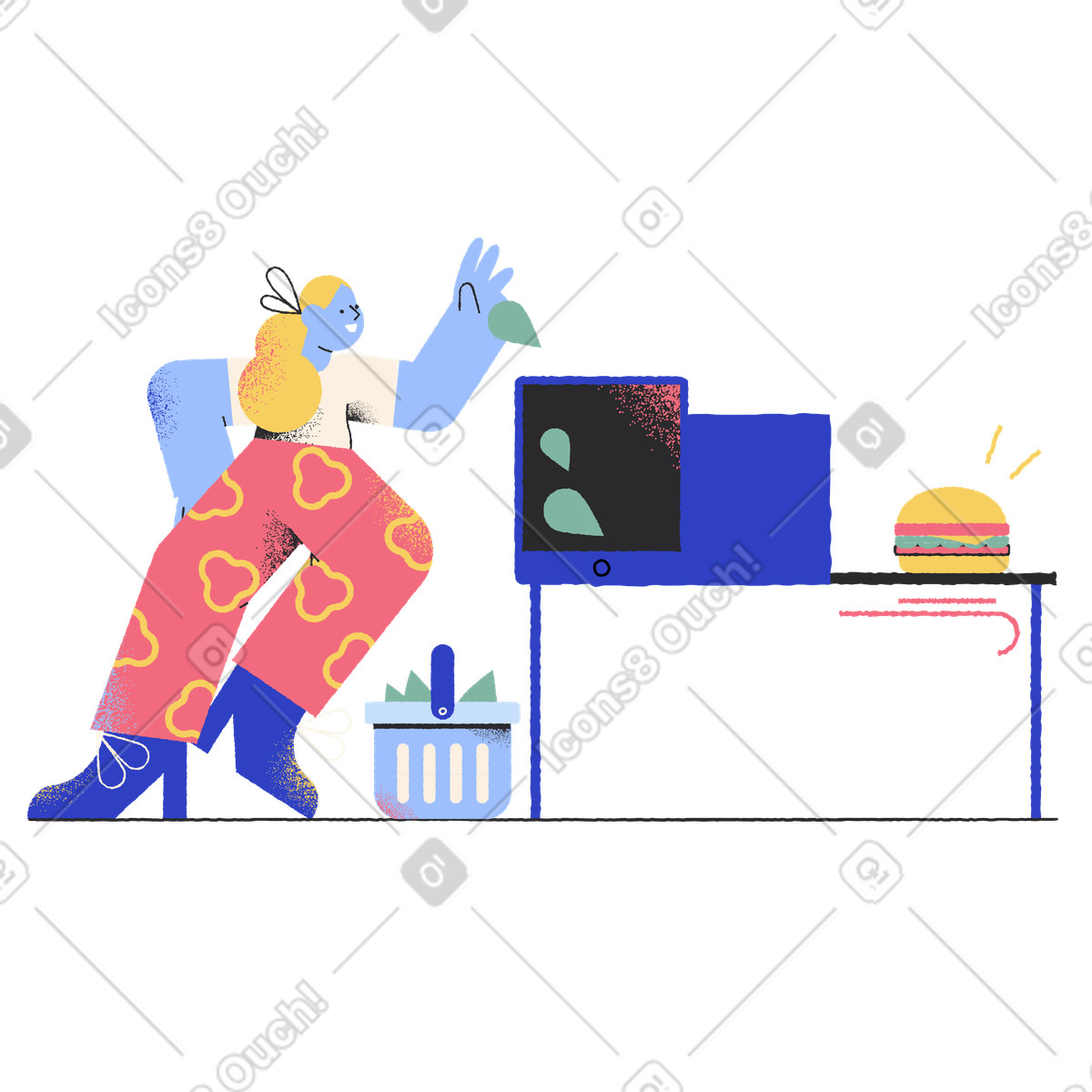 Illustration Femme synthétisant un burger bio dans le style Pablo à télécharger aux formats PNG, SVG